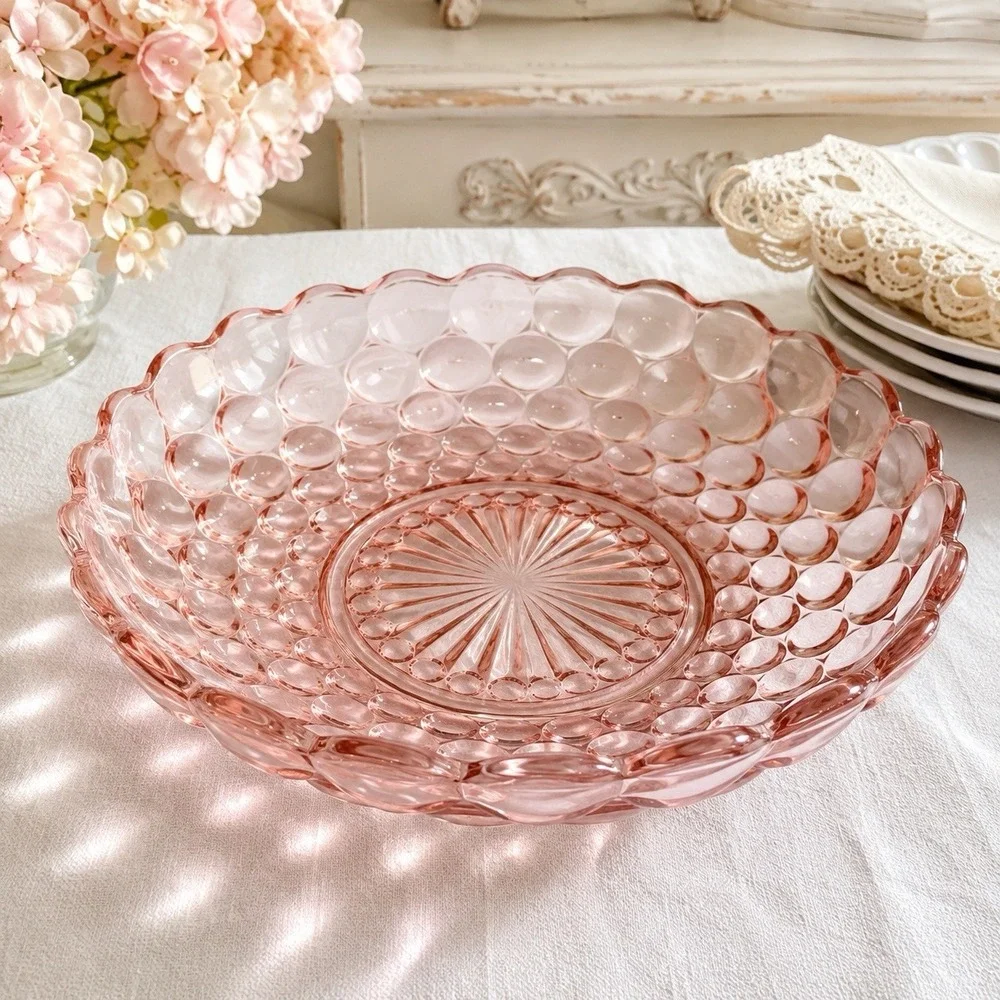 Vintage Anchor Hocking Pink Bubble Glass Serving Bowl 9
